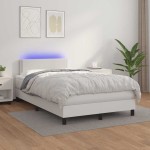 vidaXL Pat cu arcuri, cu saltea și LED, alb, 120x190 cm, piele eco vidaXL Pat cu arcuri, cu saltea și LED, alb, 120x190 cm, piele eco