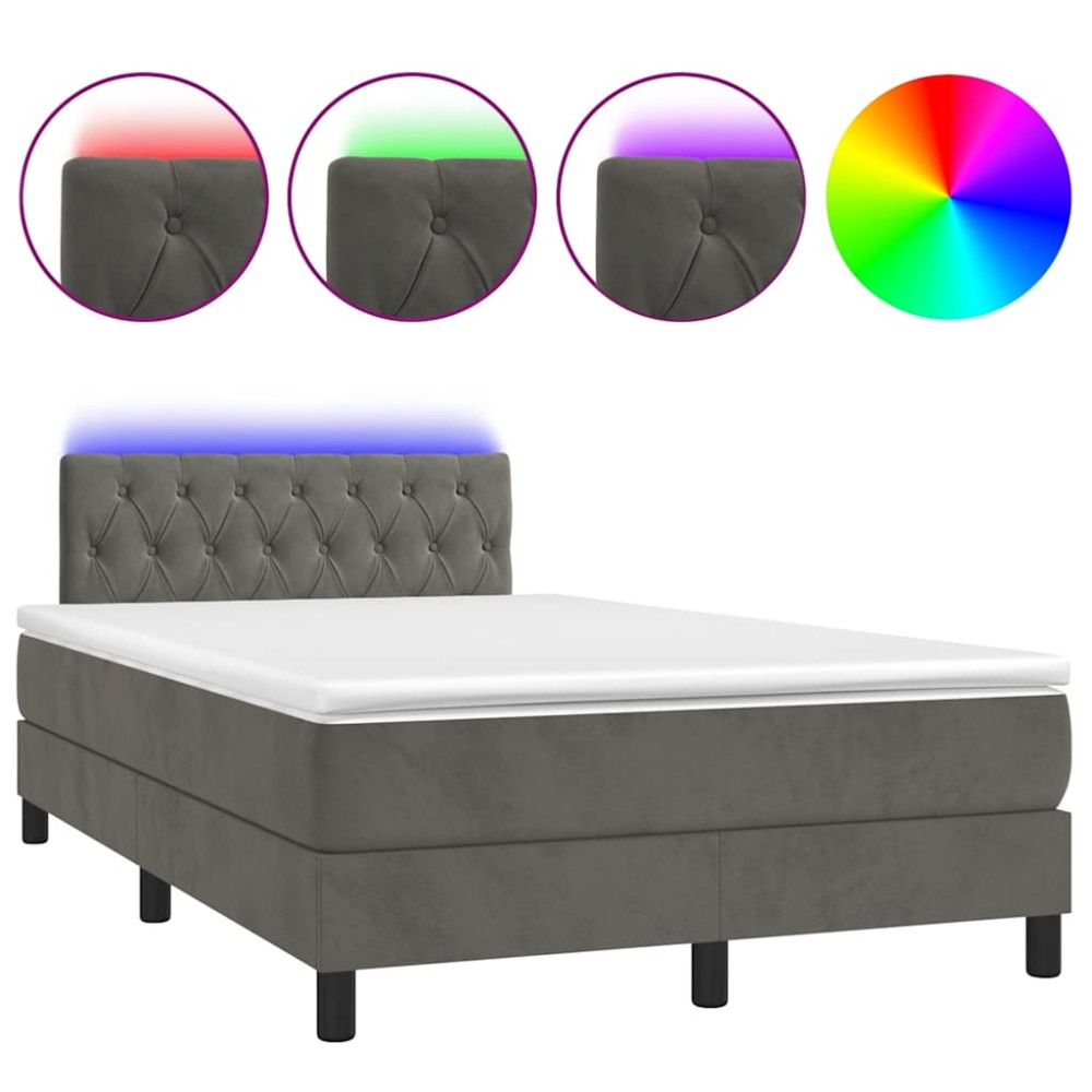 vidaXL Pat cu arcuri, saltea și LED, gri închis, 120x190 cm, catifea