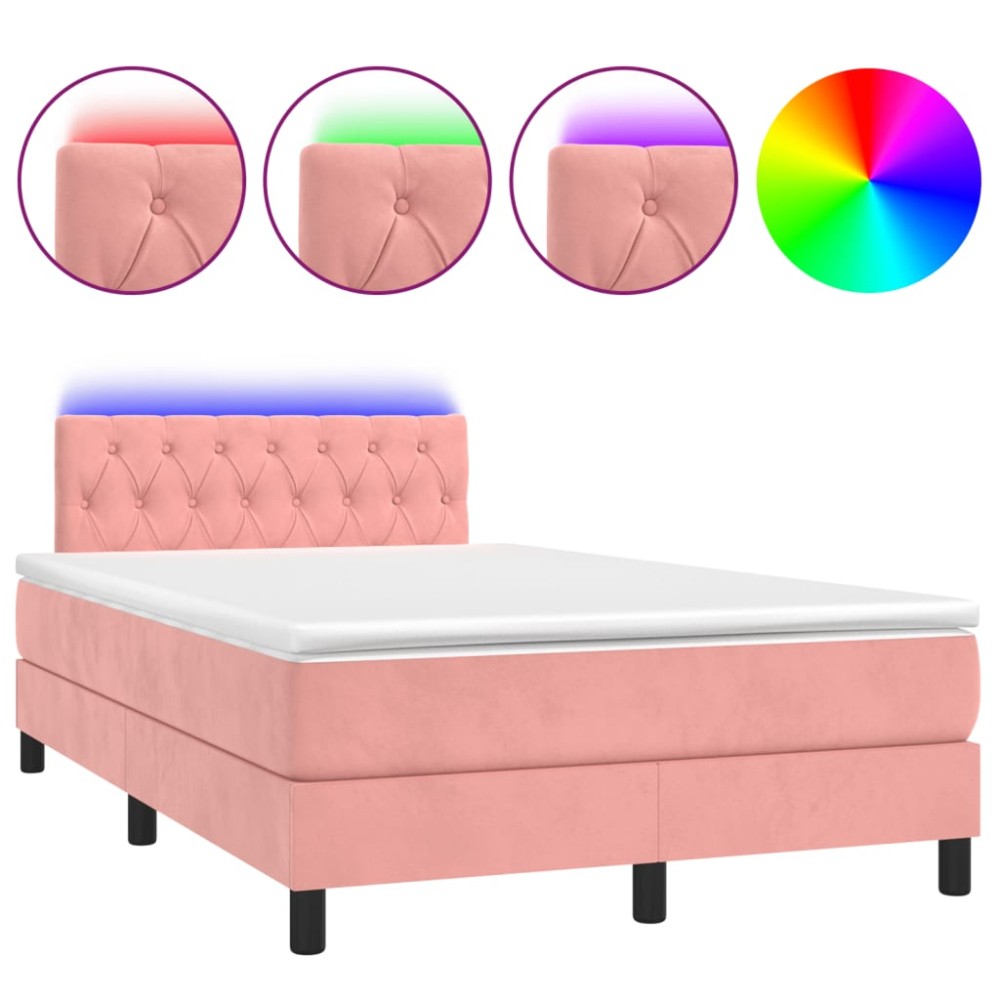 vidaXL Pat cu arcuri, cu saltea și LED, roz, 120x190 cm catifea