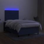 vidaXL Pat cu arcuri, saltea și LED, albastru, 120x190 cm, textil