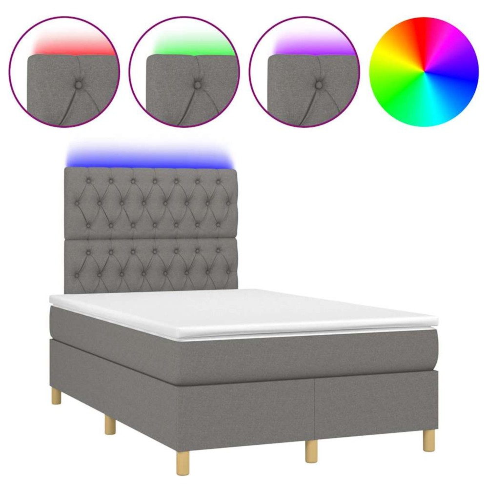 vidaXL Pat cu arcuri, saltea și LED, gri închis, 120x190 cm, textil