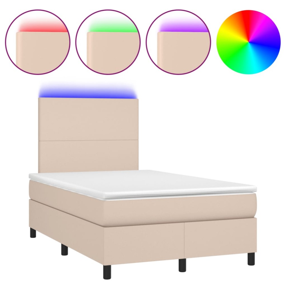 vidaXL Pat cu arcuri, cu saltea și LED cappuccino 120x190 cm piele eco