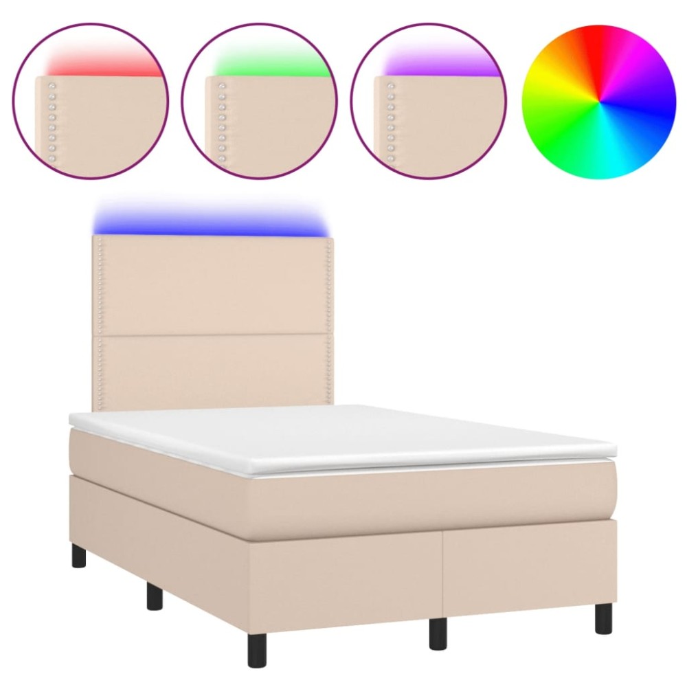 vidaXL Pat cu arcuri, cu saltea și LED cappuccino 120x190 cm piele eco