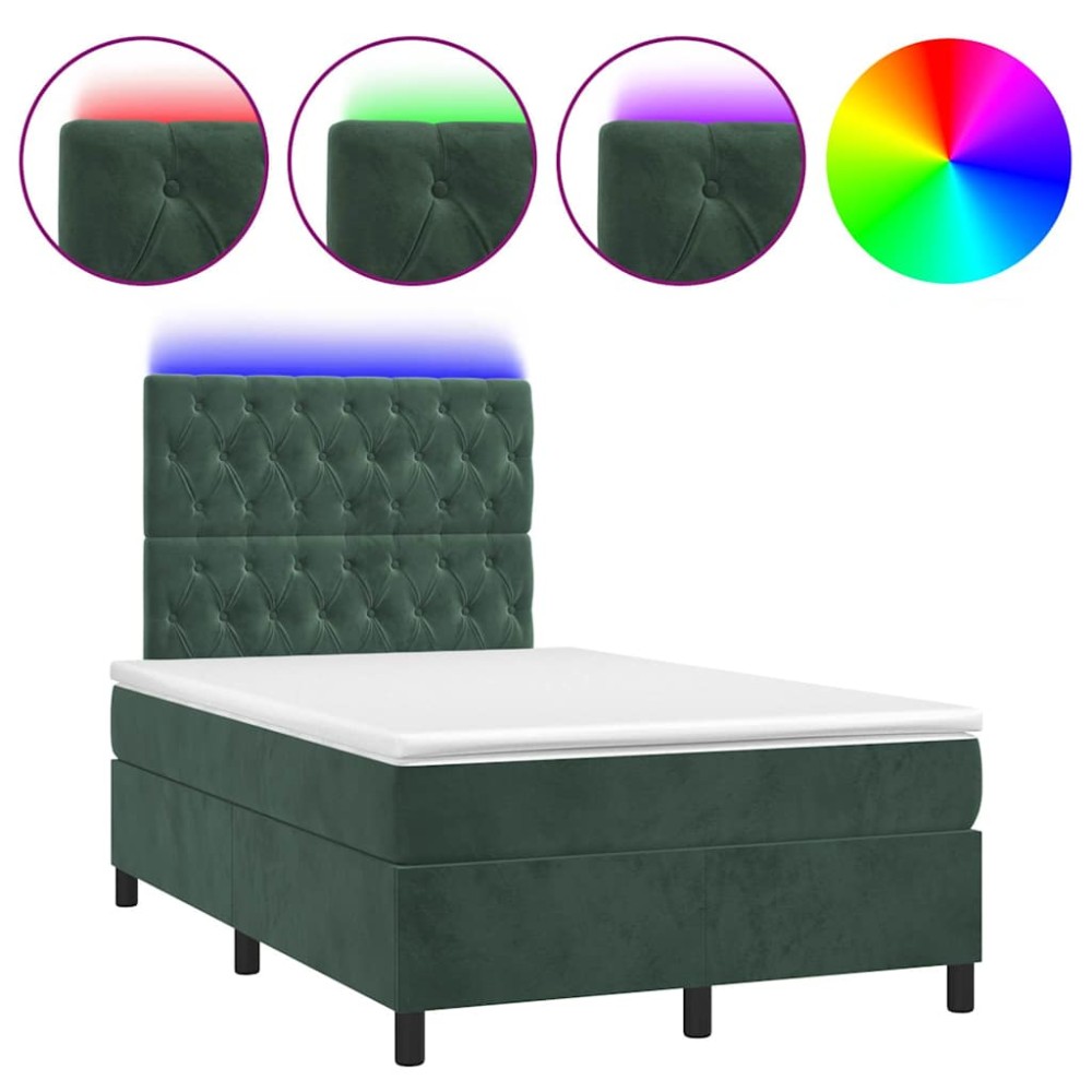 vidaXL Pat cu arcuri, saltea și LED, verde închis, 120x190 cm, catifea