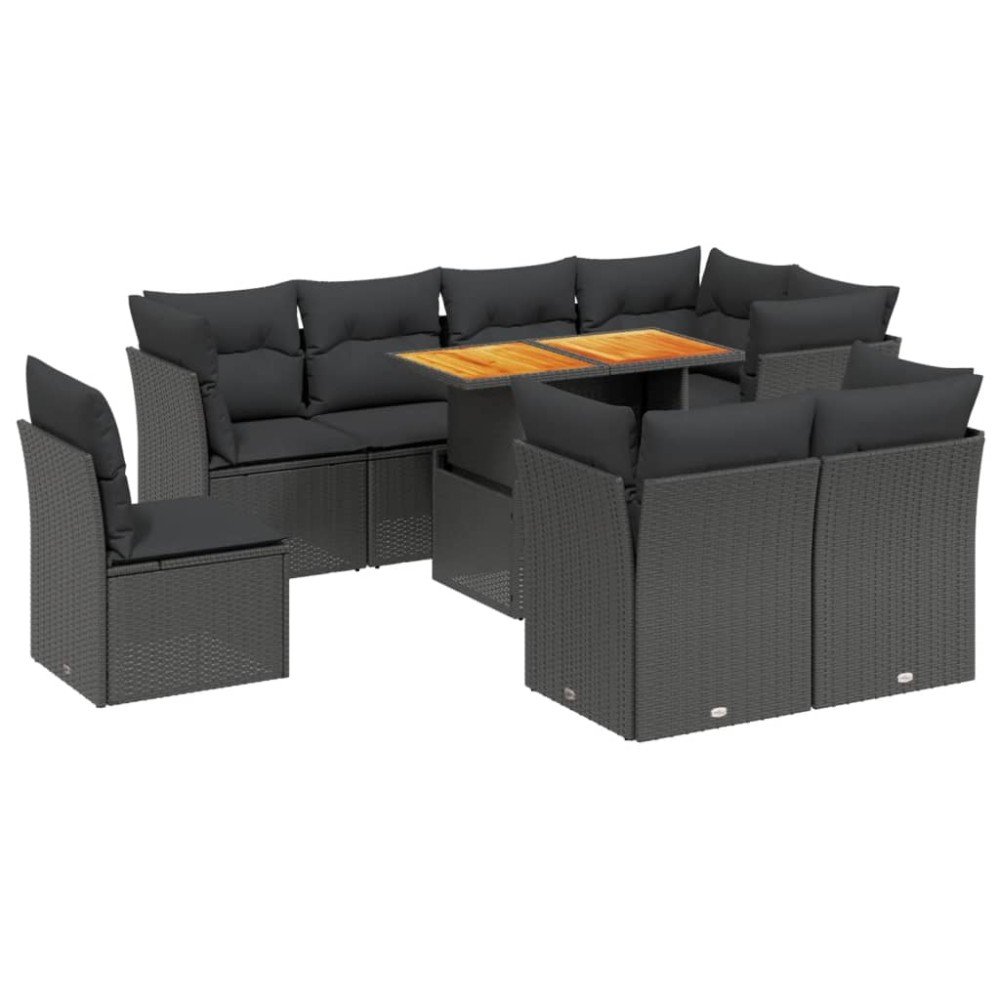 vidaXL Set mobilier de grădină cu perne, 9 piese, negru, poliratan