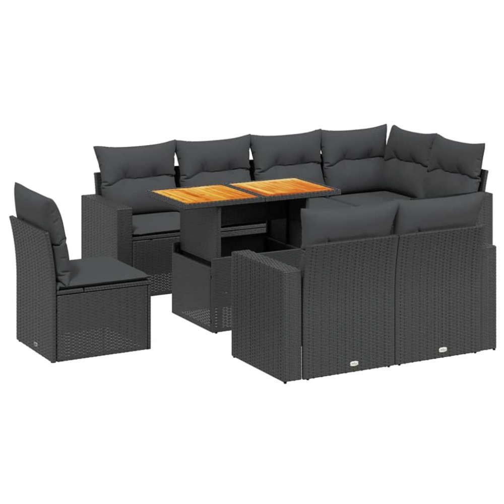 vidaXL Set mobilier de grădină cu perne, 9 piese, negru, poliratan