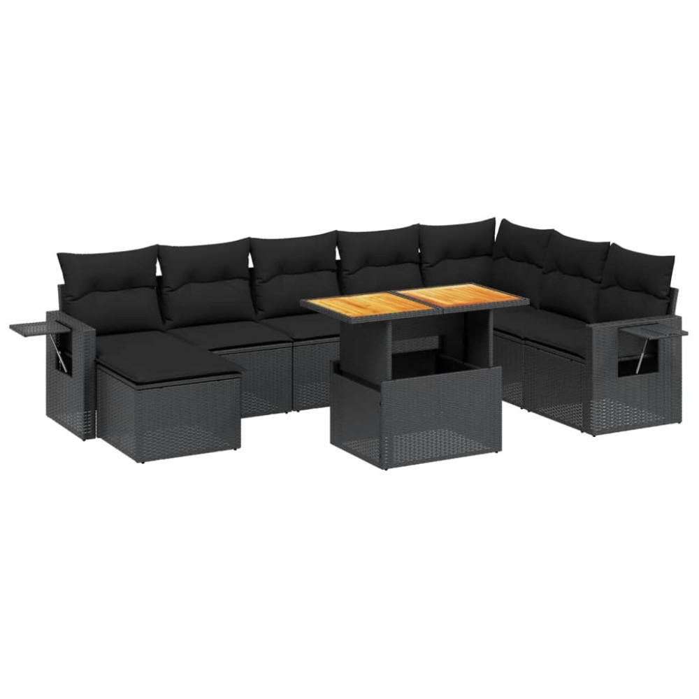 vidaXL Set mobilier de grădină cu perne, 9 piese, negru, poliratan