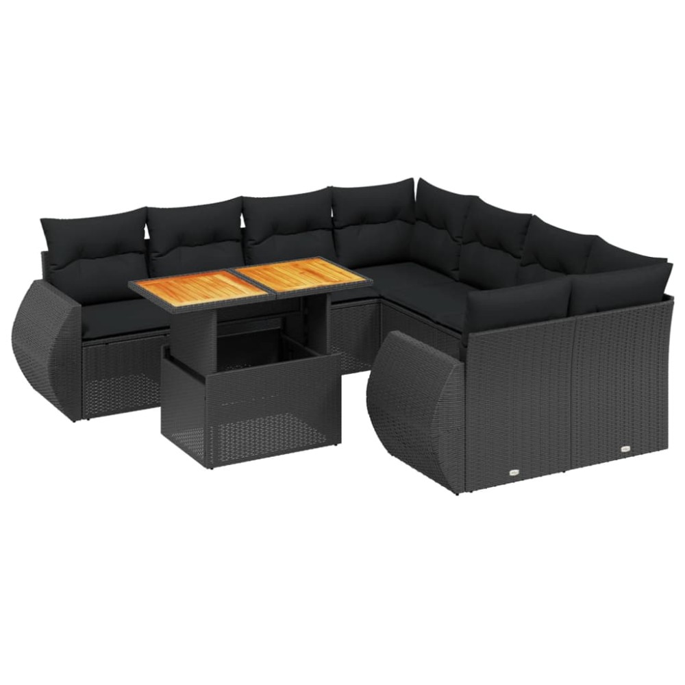 vidaXL Set mobilier de grădină cu perne, 9 piese, negru, poliratan