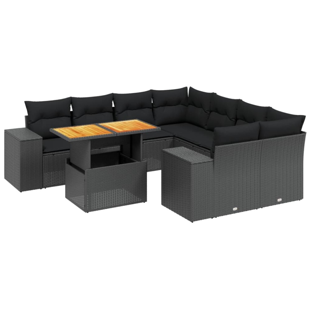 vidaXL Set mobilier de grădină cu perne, 9 piese, negru, poliratan