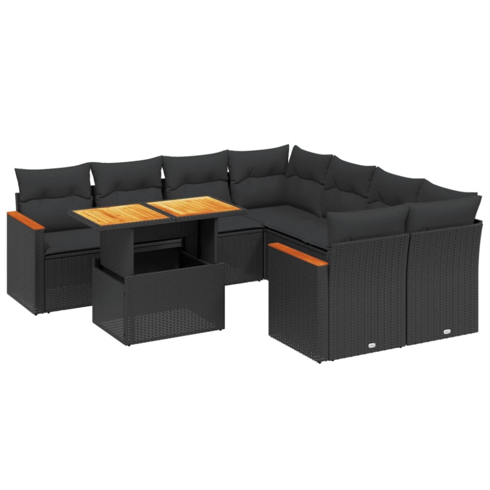 vidaXL Set mobilier de grădină cu perne, 9 piese, negru, poliratan