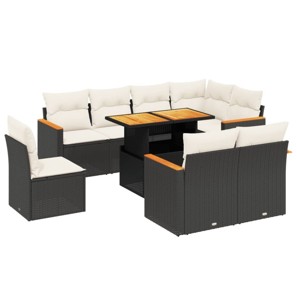 vidaXL Set mobilier de grădină cu perne, 9 piese, negru, poliratan