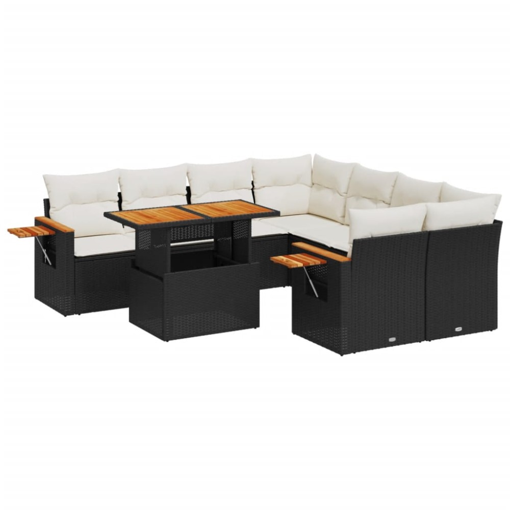 vidaXL Set mobilier de grădină cu perne, 9 piese, negru, poliratan