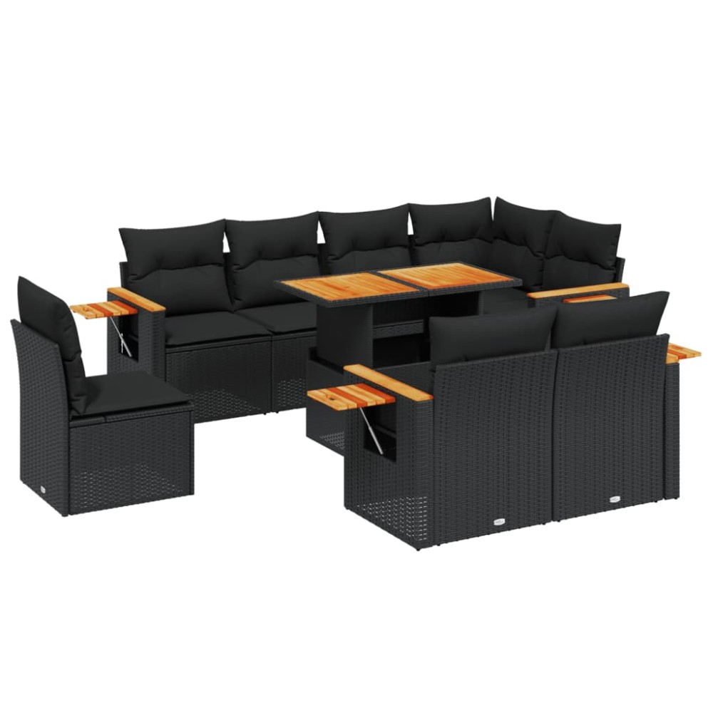 vidaXL Set mobilier de grădină cu perne, 9 piese, negru, poliratan