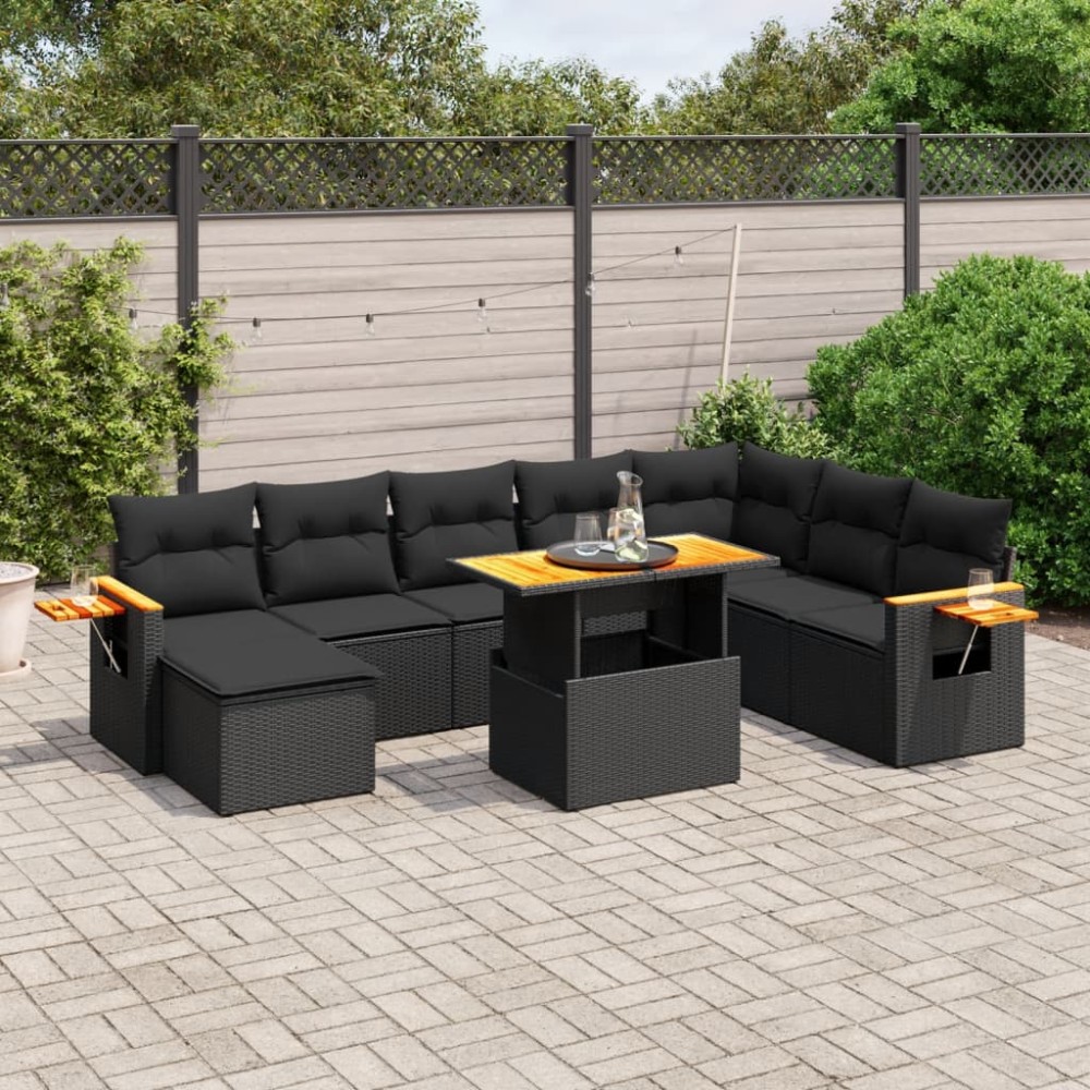 vidaXL Set mobilier de grădină cu perne, 9 piese, negru, poliratan