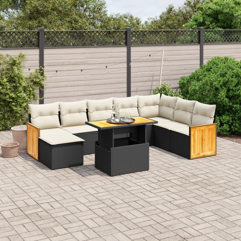 vidaXL Set mobilier de grădină cu perne, 9 piese, negru, poliratan