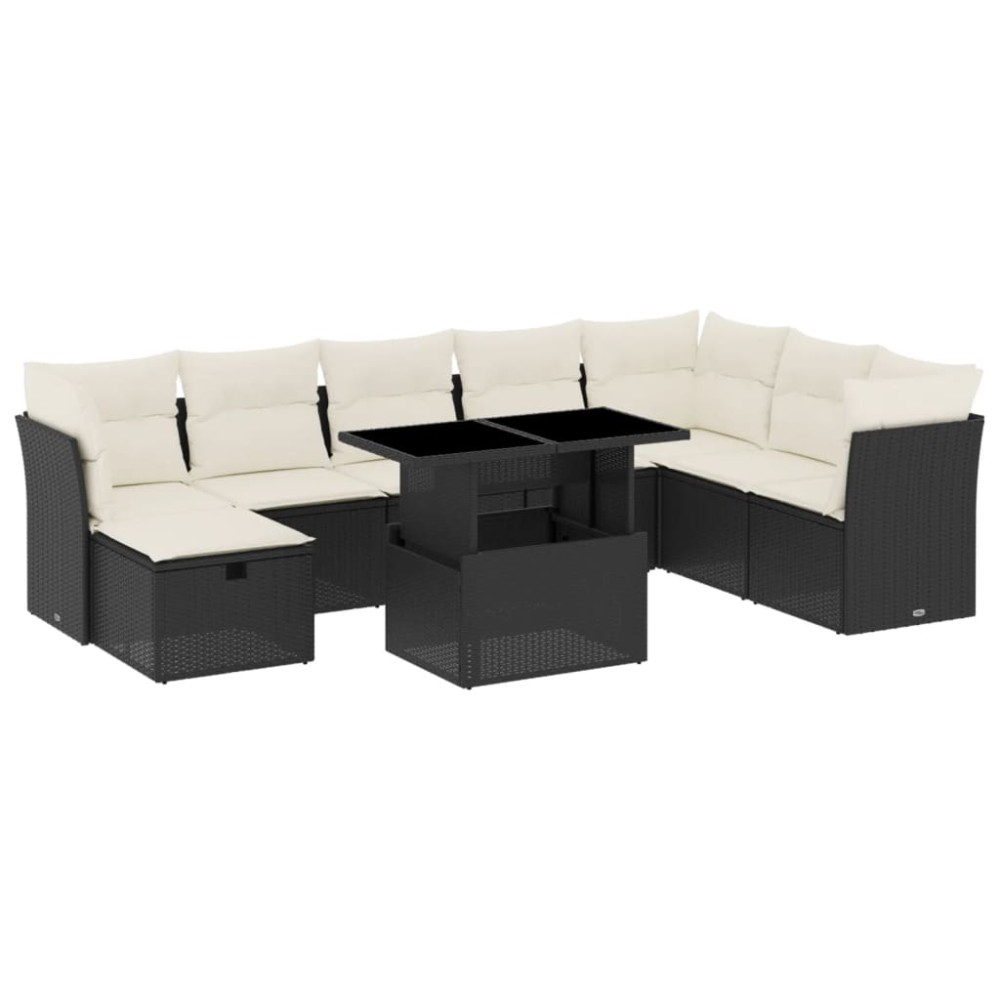 vidaXL Set mobilier de grădină cu perne, 9 piese, negru, poliratan