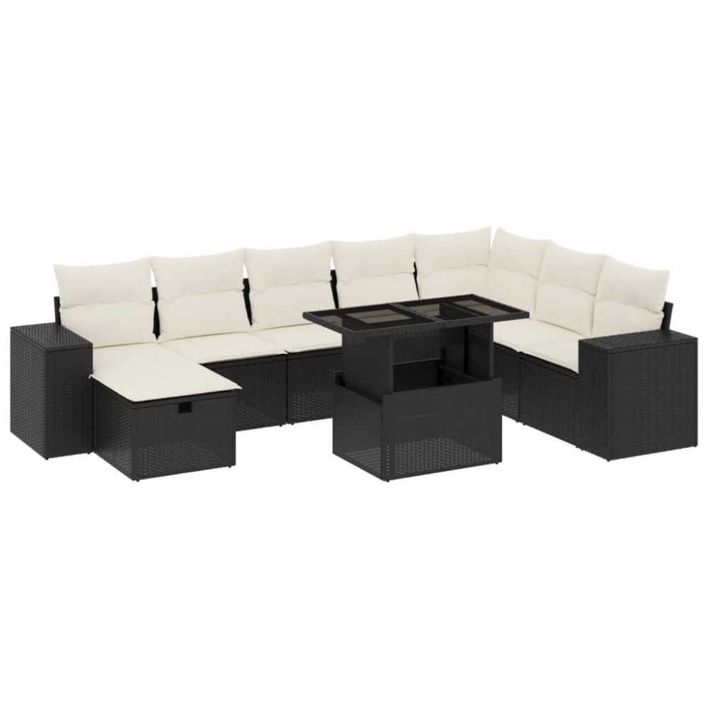 vidaXL Set mobilier de grădină cu perne, 9 piese, negru, poliratan