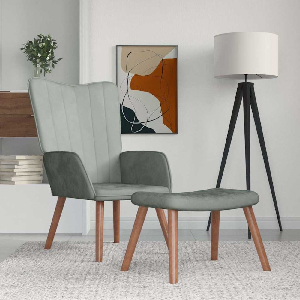 vidaXL Scaun de relaxare cu taburet, gri deschis, catifea
