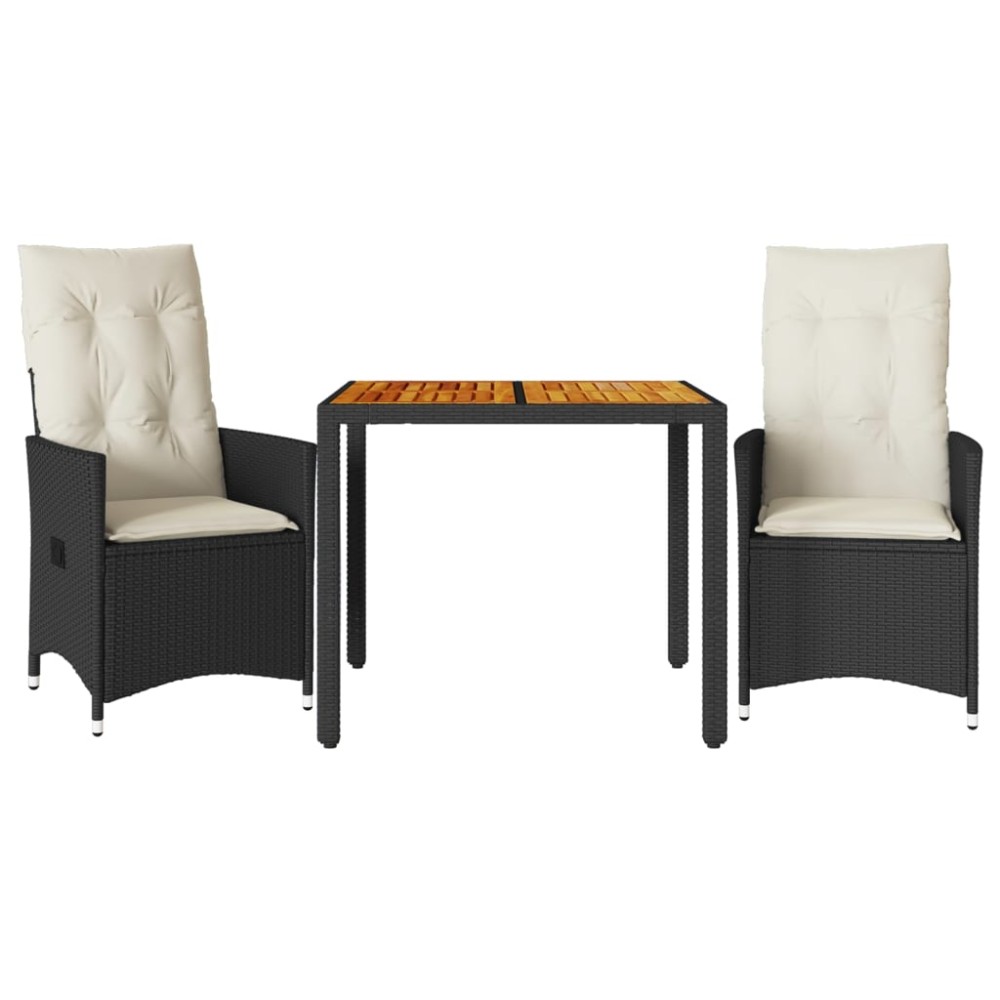 vidaXL Set bistro cu perne, 3 piese, negru, poliratan și acacia