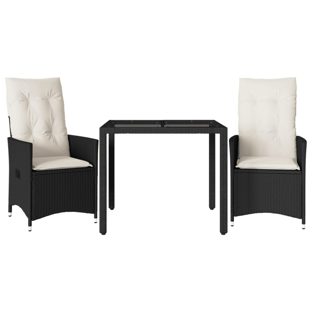 vidaXL Set bistro cu perne, 3 piese, negru, poliratan