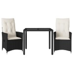 vidaXL Set bistro cu perne, 3 piese, negru, poliratan