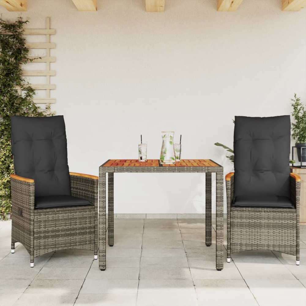 vidaXL Set bistro de grădină cu perne, 3 piese, gri, poliratan