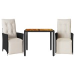 vidaXL Set bistro cu perne, 3 piese, negru, poliratan