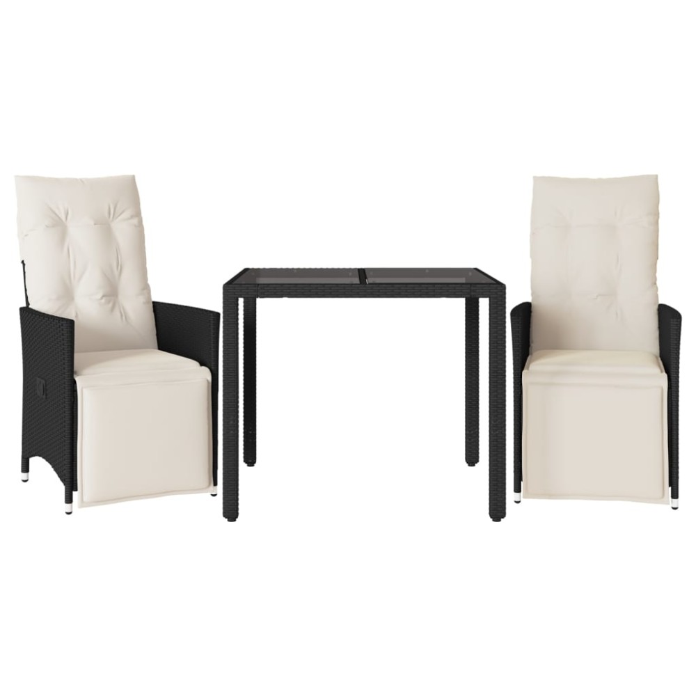 vidaXL Set bistro cu perne, 3 piese, negru, poliratan