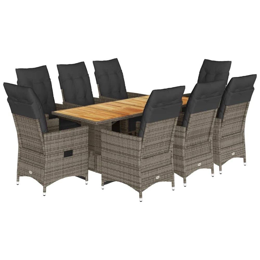 vidaXL Set bistro de grădină cu perne, 9 piese, gri, poliratan