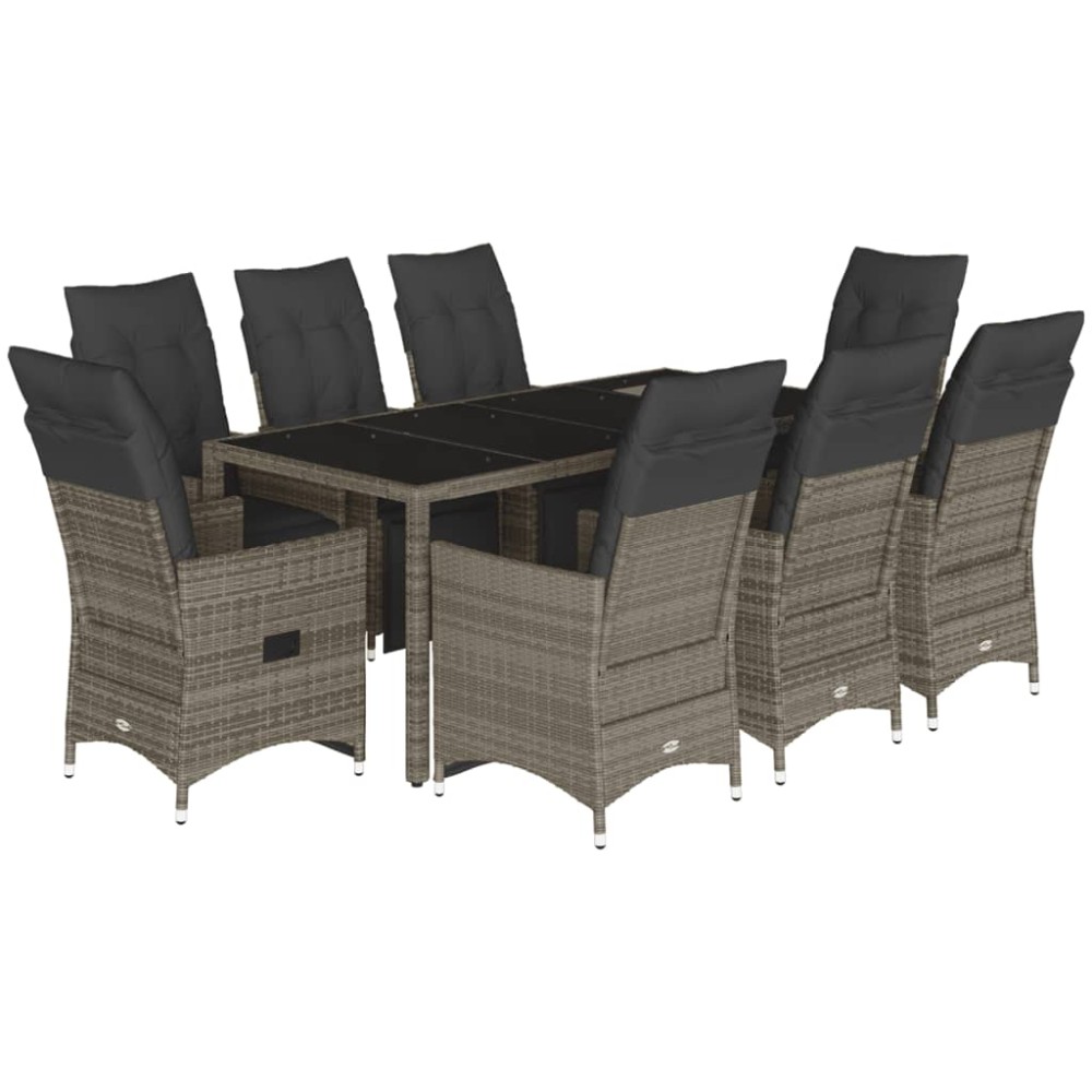 vidaXL Set bistro de grădină cu perne, 9 piese, gri, poliratan