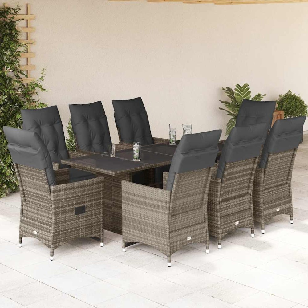 vidaXL Set bistro de grădină cu perne, 9 piese, gri, poliratan