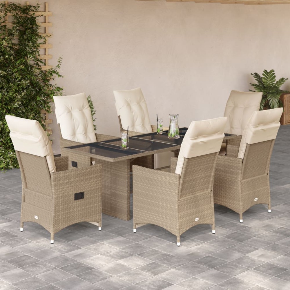 vidaXL Set bistro de grădină, 7 piese, cu perne, bej, poliratan