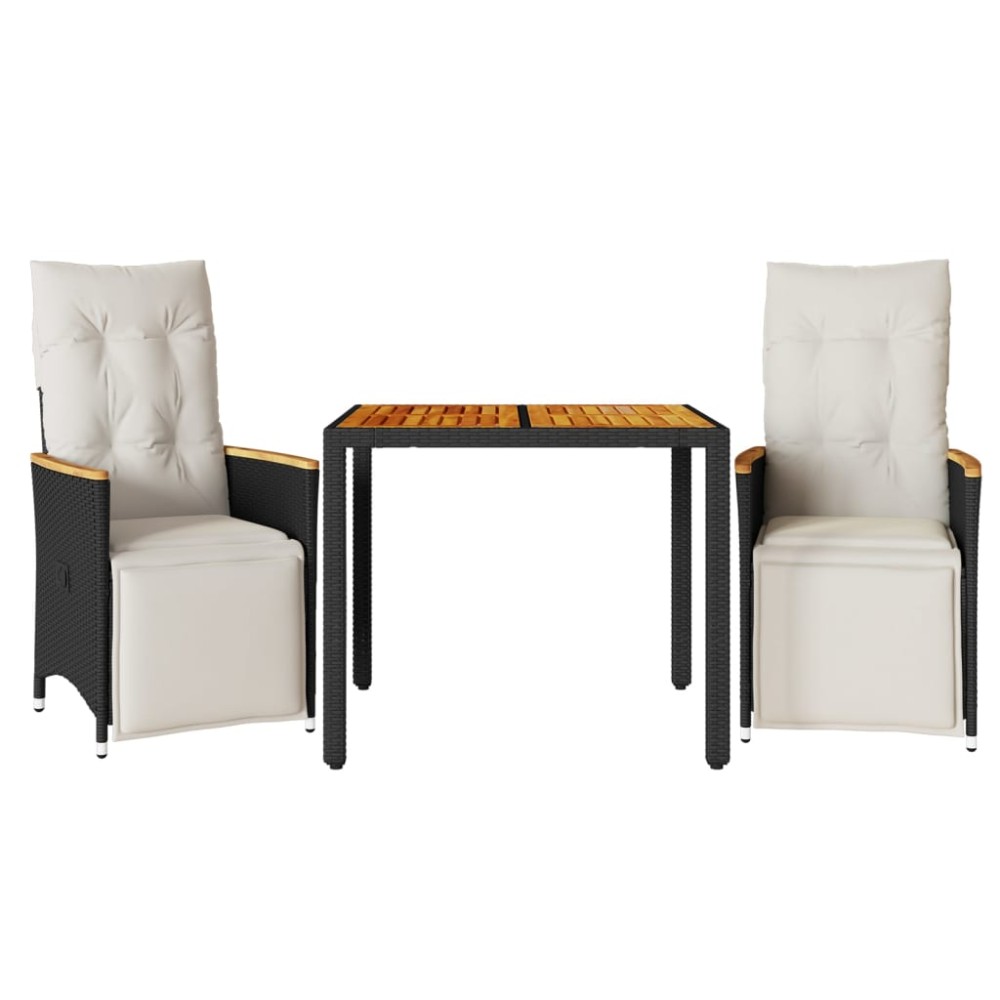 vidaXL Set bistro de grădină cu perne, 3 piese, negru, poliratan