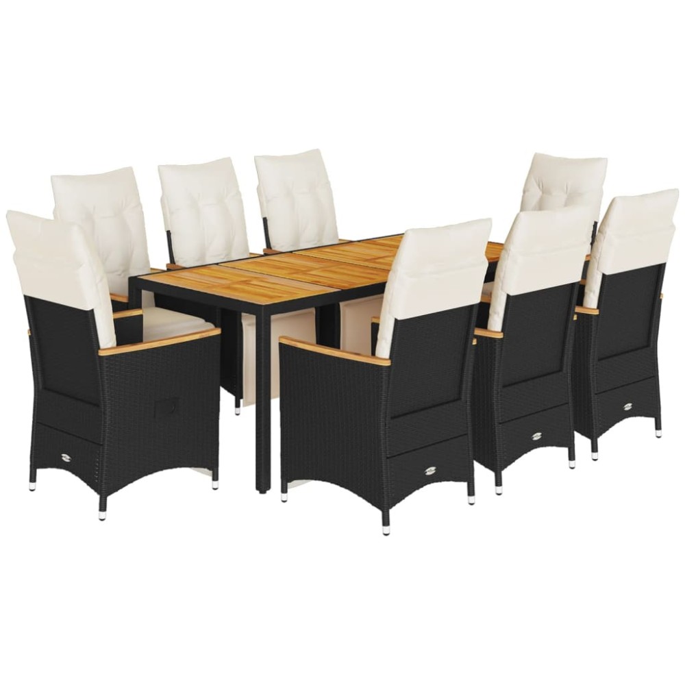 vidaXL Set bistro de grădină, 9 piese, cu perne, negru, poliratan