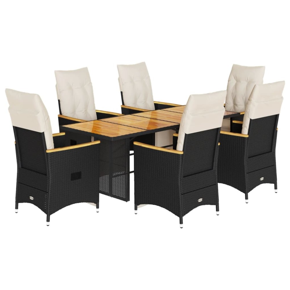 vidaXL Set bistro de grădină, 7 piese, cu perne, negru, poliratan