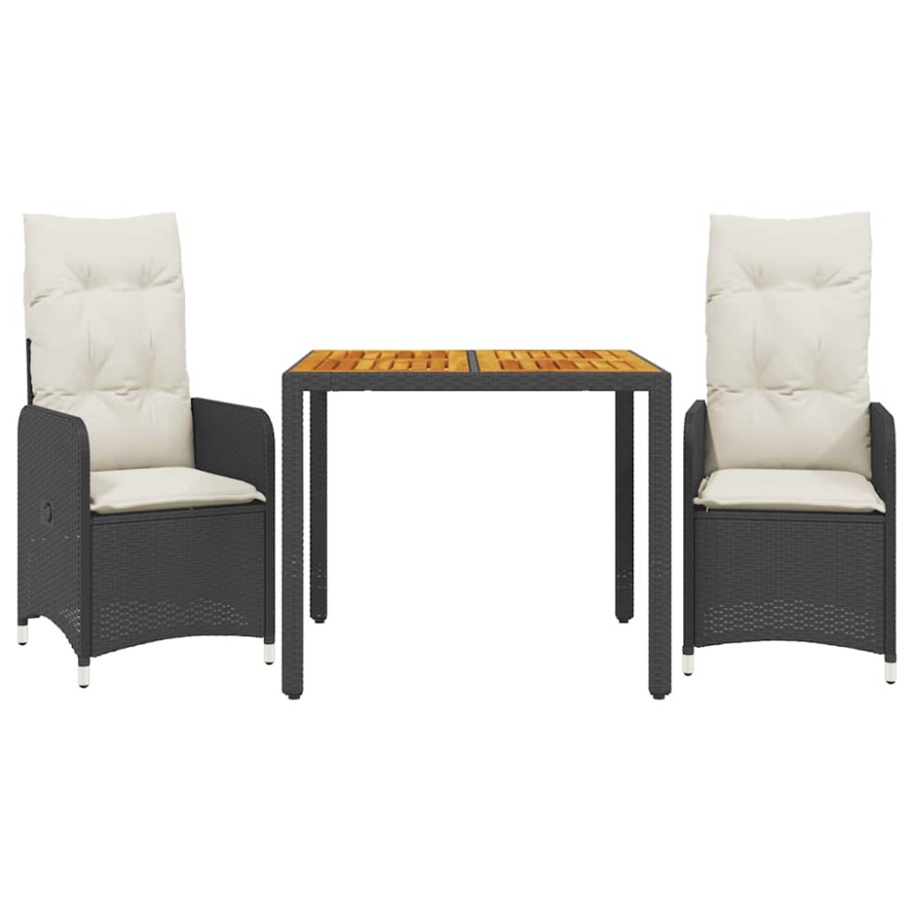 vidaXL Set bistro de grădină cu perne, 3 piese, negru, poliratan