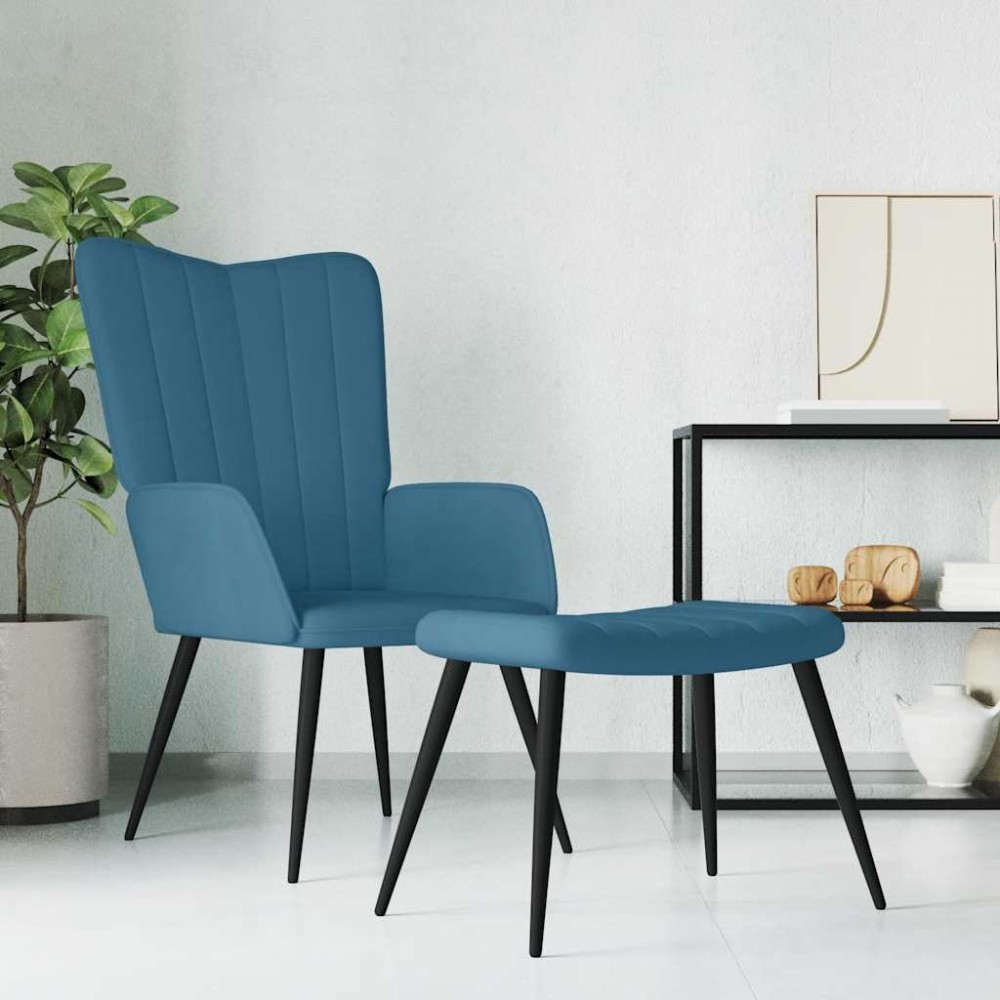 vidaXL Scaun de relaxare cu taburet, albastru, catifea