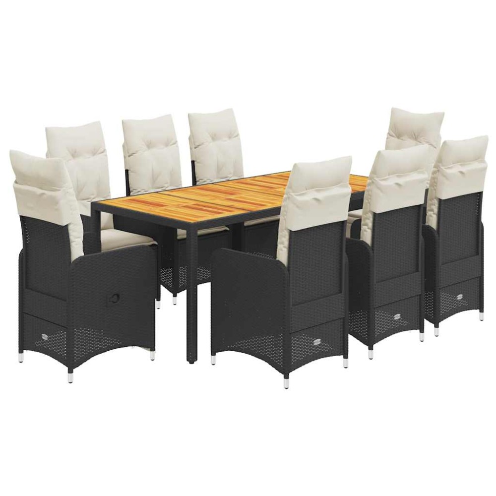 vidaXL Set bistro de grădină, 9 piese, cu perne, negru, poliratan