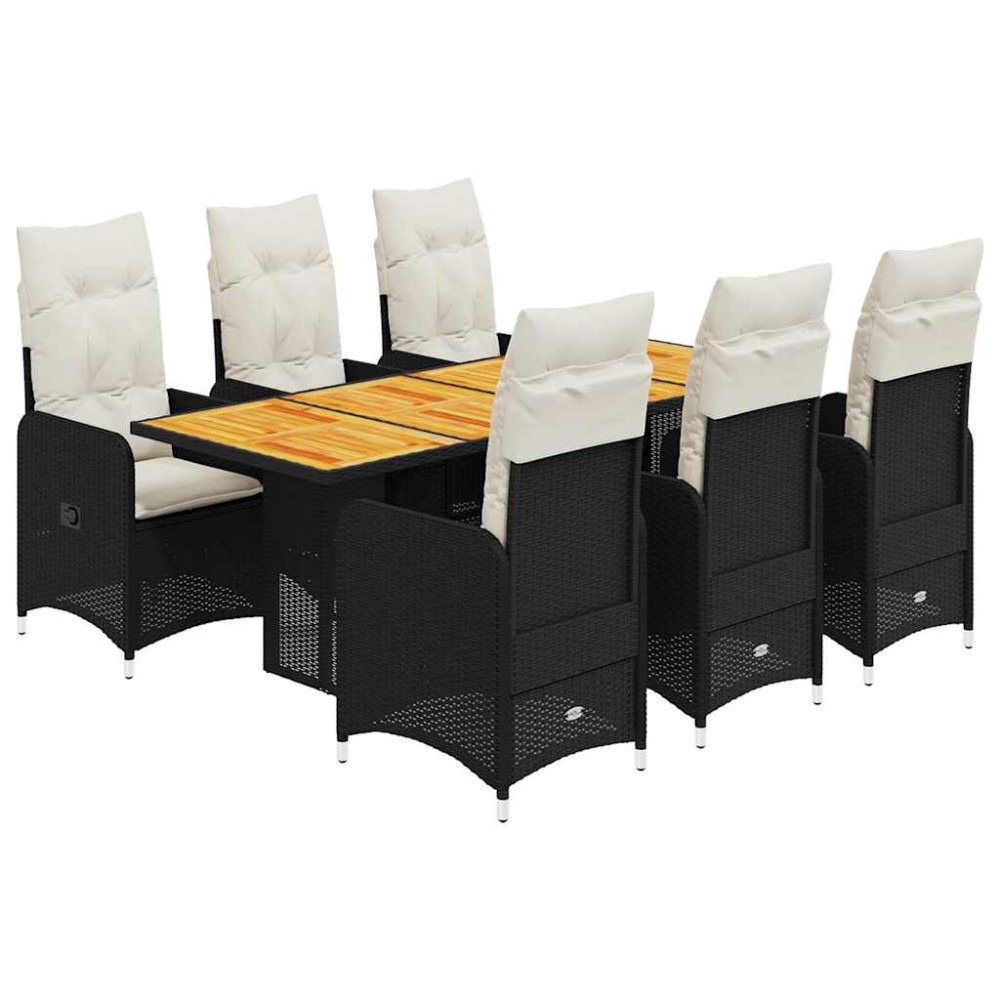 vidaXL Set bistro de grădină, 7 piese, cu perne, negru, poliratan