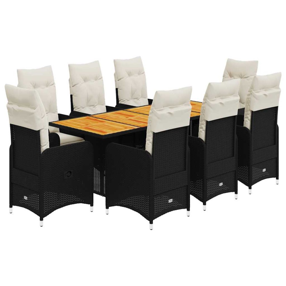 vidaXL Set bistro de grădină, 9 piese, cu perne, negru, poliratan