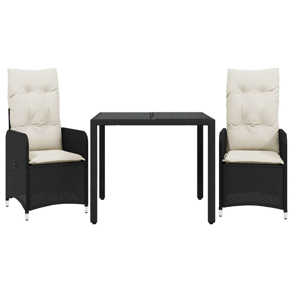 vidaXL Set bistro de grădină cu perne, 3 piese, negru, poliratan