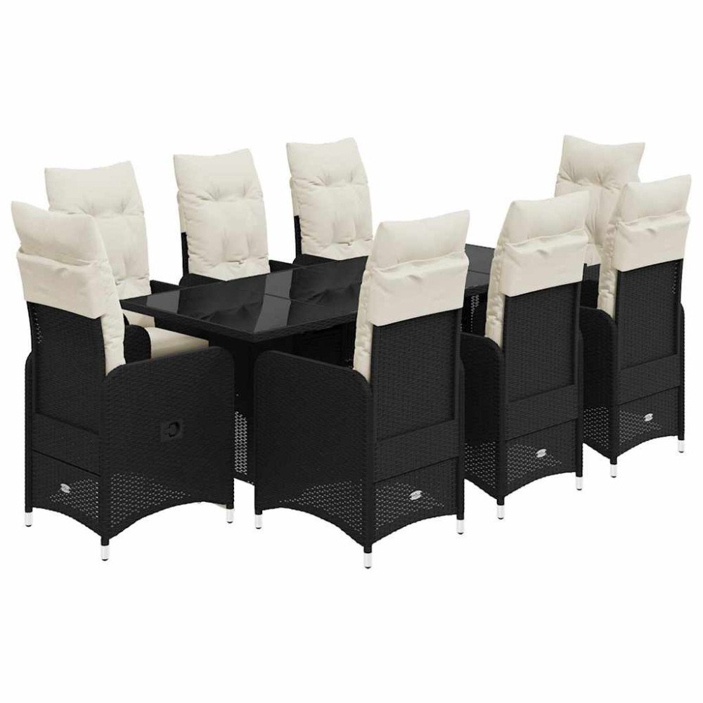 vidaXL Set bistro de grădină, 9 piese, cu perne, negru, poliratan