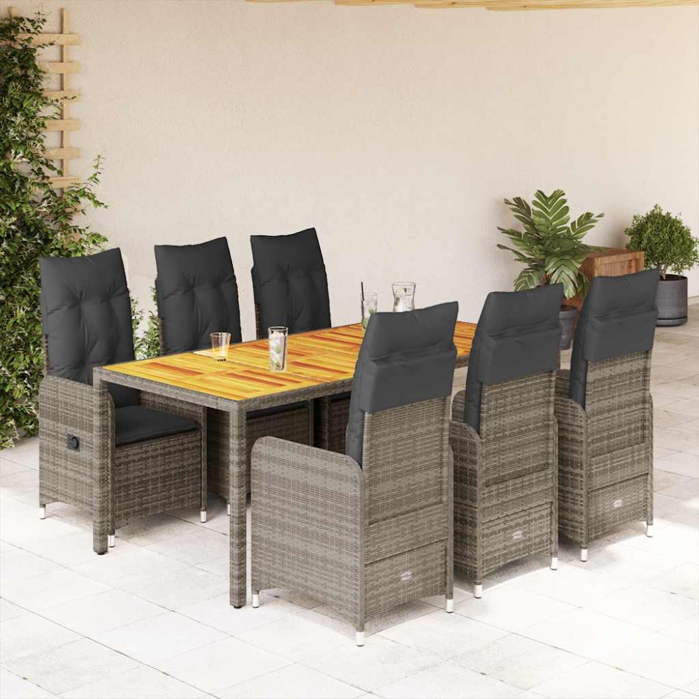 vidaXL Set bistro de grădină cu perne, 7 piese, gri, poliratan
