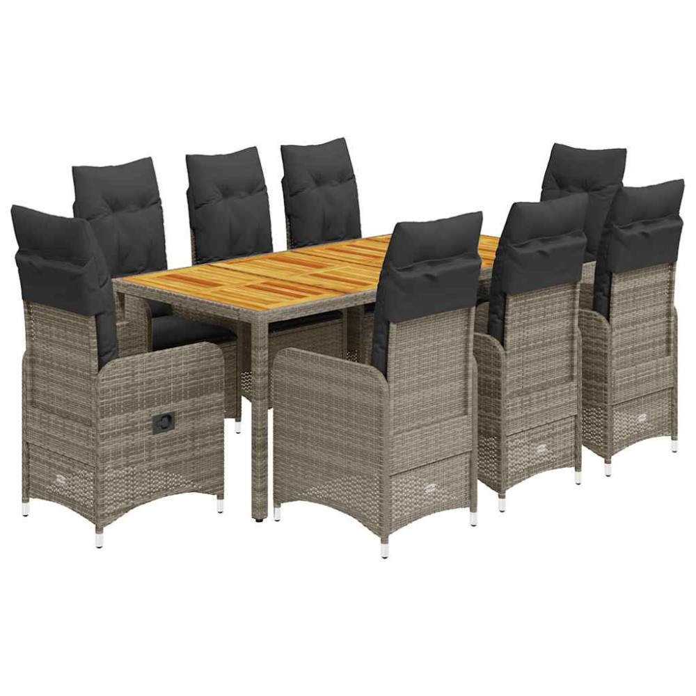 vidaXL Set bistro de grădină cu perne, 9 piese, gri, poliratan