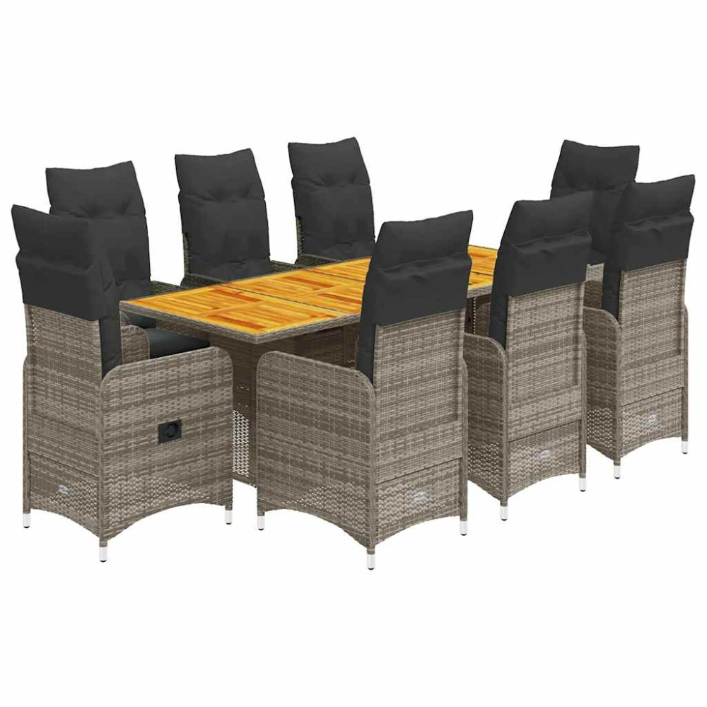 vidaXL Set bistro de grădină cu perne, 9 piese, gri, poliratan