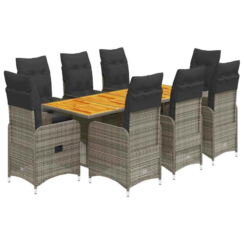 vidaXL Set bistro de grădină cu perne, 9 piese, gri, poliratan