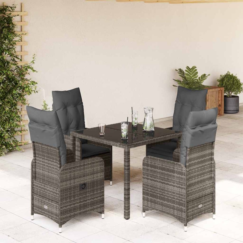 vidaXL Set bistro de grădină cu perne, 5 piese, gri, poliratan