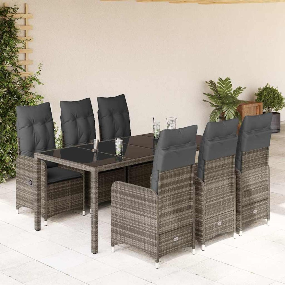 vidaXL Set bistro de grădină cu perne, 7 piese, gri, poliratan