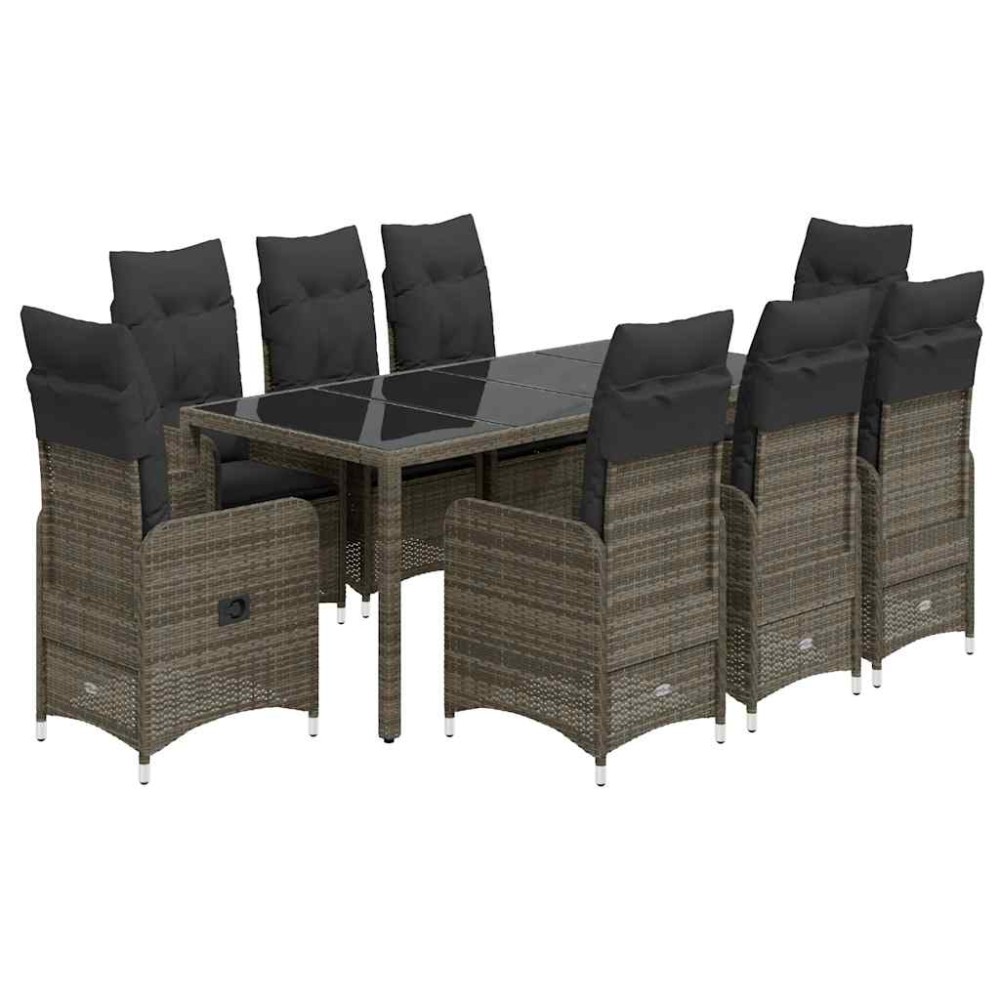 vidaXL Set bistro de grădină cu perne, 9 piese, gri, poliratan
