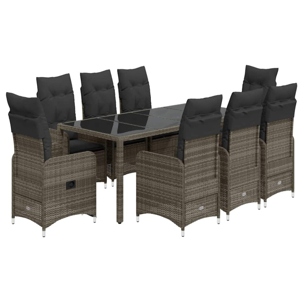 vidaXL Set bistro de grădină cu perne, 9 piese, gri, poliratan